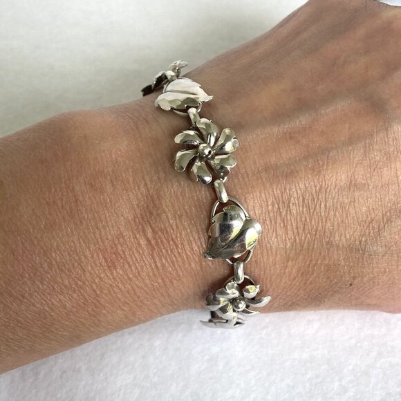 VTG Sterling Silver 925 Floral Flower Leaf Foliage Link Bracelet Sz 7.5" - Picture 1 of 13